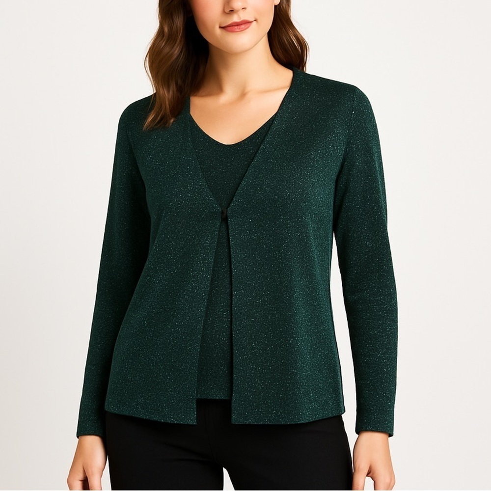AB Studio shimmer knit holiday top metallic layered look relaxed fit green large